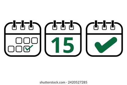 Iconos simples de calendario de diferentes modelos para sitios web, blogs y recursos gráficos. Icono de calendario con un día específico marcado, día 15.