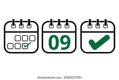 Simple calendar icons of different models for websites, blogs and graphic resources. Calendar icon with a specific day marked, day 09.