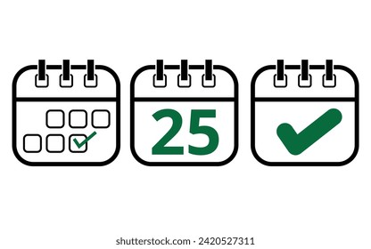 Iconos simples de calendario de diferentes modelos para sitios web, blogs y recursos gráficos. Icono de calendario con un día específico marcado, día 25.