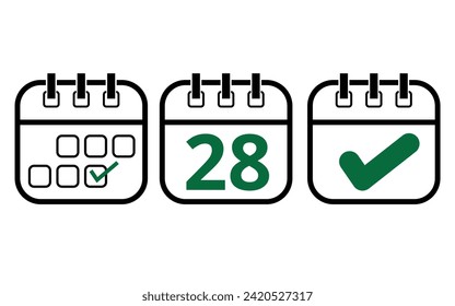 Iconos simples de calendario de diferentes modelos para sitios web, blogs y recursos gráficos. Icono de calendario con un día específico marcado, día 28.