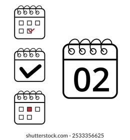 Simple calendar icons of different models and formats for websites and graphic resources. Flat calendar icon with specific day marked, day 02.