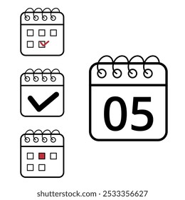 Simple calendar icons of different models and formats for websites and graphic resources. Flat calendar icon with specific day marked, day 05.