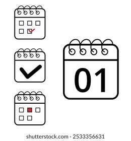 Iconos de calendario simples de diferentes modelos y formatos para Sitios web y recursos gráficos. Icono de calendario plano con día específico marcado, día 01.