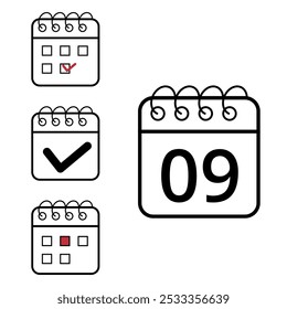 Einfache Kalendersymbole verschiedener Modelle und Formate für Websites und grafische Ressourcen. Flaches Kalendersymbol mit Tag 09.