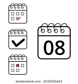 Einfache Kalendersymbole verschiedener Modelle und Formate für Websites und grafische Ressourcen. Flaches Kalendersymbol mit Tag 08.