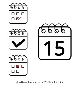 Ícones simples de calendário de diferentes modelos e formatos para sites e recursos gráficos. Ícone de calendário plano com dia específico marcado, dia 15.