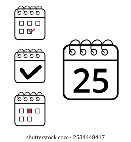 Simple calendar icons of different models and formats for websites and graphic resources. Flat calendar icon with specific day marked, day 25.