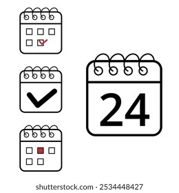 Einfache Kalendersymbole verschiedener Modelle und Formate für Websites und grafische Ressourcen. Flaches Kalendersymbol mit Tag 24.
