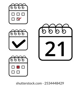 Simple calendar icons of different models and formats for websites and graphic resources. Flat calendar icon with specific day marked, day 21..