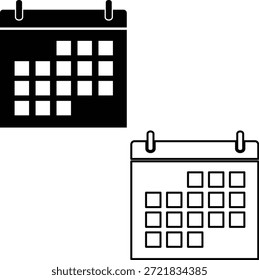 Se muestran iconos de calendario simples, definidos por un estilo de silueta negra llamativa y atrevida.