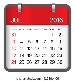 Simple calendar for July 2016