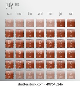 Simple calendar for July 2016. Week starts from Sunday. Vector illustration, eps10.