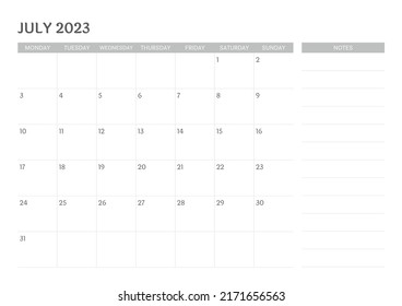 simple calendar July 2023 with notes