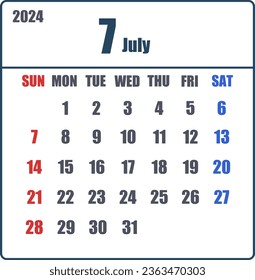 Simple calendar for July 2024