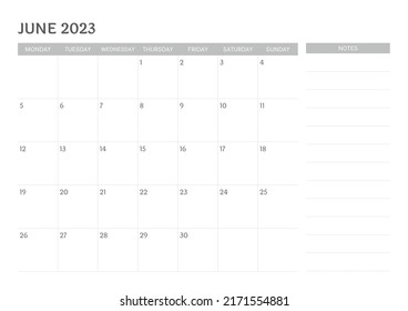simple calendar June 2023 with notes
