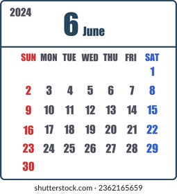 Calendario sencillo para junio de 2024