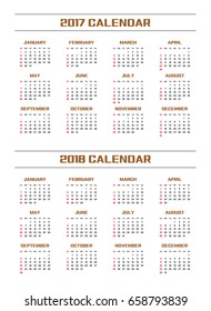 Simple calendar Layout for 2017 and 2018 years. Week starts from Sunday.