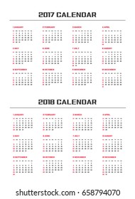Simple calendar Layout for 2017 and 2018 years. Week starts from Sunday.