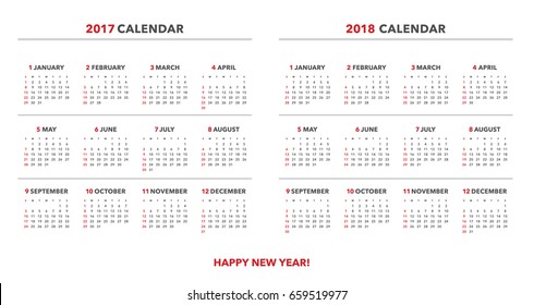Simple calendar Layout for 2017 and 2018 years. Week starts from Sunday.