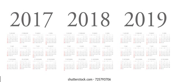 Simple calendar Layout for 2017, 2018 and 2019 years. Week starts from Sunday.