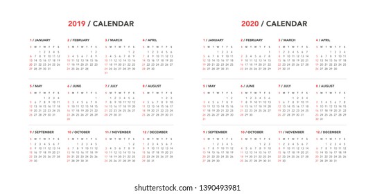 Simple calendar Layout for 2018 and 2019 years. Week starts from Sunday.
