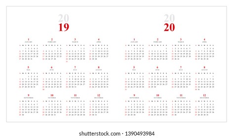 Simple calendar Layout for 2018 and 2019 years. Week starts from Sunday.