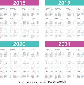 Simple calendar Layout for 2018, 2019, 2020 and 2021 years. Week starts from Sunday.