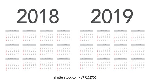 Diseño de calendario simple para 2018 y 2019 años. La semana empieza el domingo.