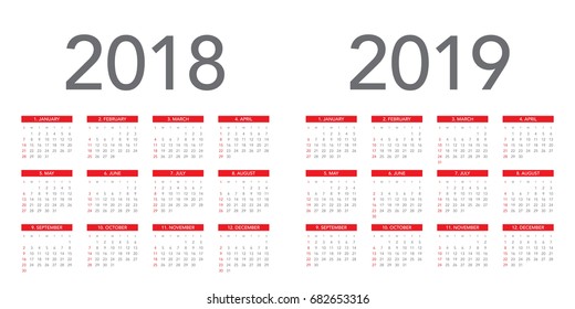 Simple calendar Layout for 2018 and 2019 years. Week starts from Sunday.