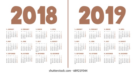 Simple calendar Layout for 2018 and 2019 years. Week starts from Monday.