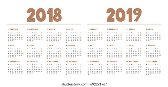 Simple calendar Layout for 2018 and 2019 years. Week starts from Monday.