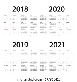 Simple calendar Layout for 2018, 2019, 2020 and 2021years. Week starts from Monday.