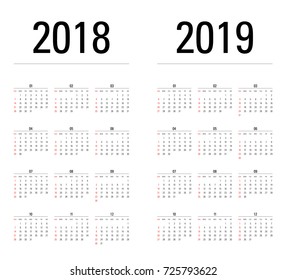 Diseño de calendario simple para 2018 y 2019 años. La semana empieza el domingo.