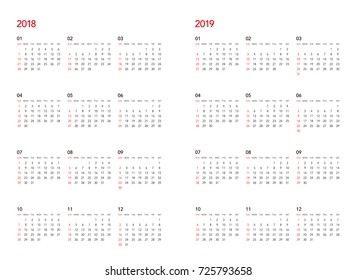 Simple calendar Layout for 2018 and 2019 years. Week starts from Sunday.