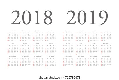 Simple calendar Layout for 2018 and 2019 years. Week starts from Sunday.