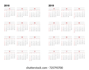 Simple calendar Layout for 2018 and 2019 years. Week starts from Sunday.