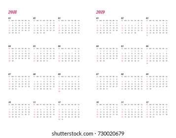 Simple calendar Layout for 2018 and 2019 years. Week starts from Sunday.