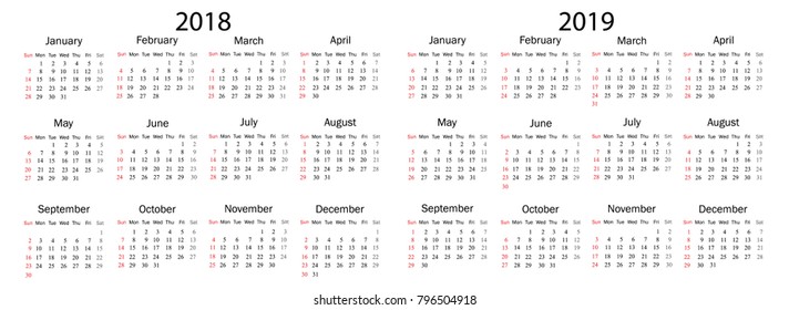 Simple calendar Layout for 2018 and 2019 years. Week starts from Sunday.