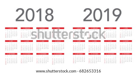 Simple calendar Layout for 2018 and 2019 years. Week starts from Sunday.