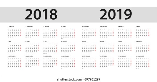 Simple calendar Layout for 2018 and 2019years. Week starts from Monday.