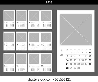 Simple calendar Layout for 2018 years. Week starts from Sunday.