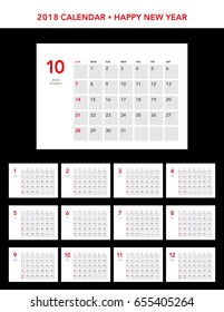 Simple calendar Layout for 2018 years. Week starts from Sunday.