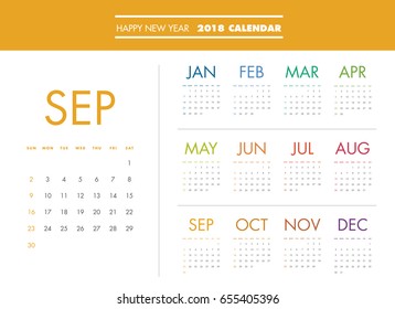 Simple calendar Layout for 2018 years. Week starts from Sunday.