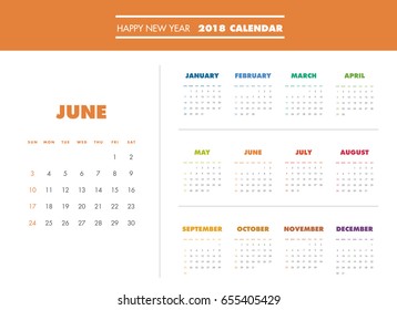 Simple calendar Layout for 2018 years. Week starts from Sunday.