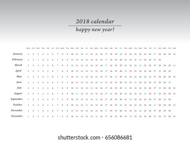 Simple Calendar Layout for 2018 years. one page calendar.
