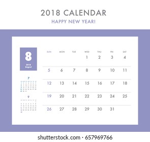 Simple calendar Layout for 2018 years. Week starts from Sunday.