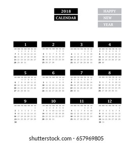 Simple calendar Layout for 2018 years. Week starts from Sunday.
