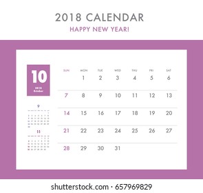 Simple calendar Layout for 2018 years. Week starts from Sunday.