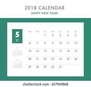 Simple calendar Layout for 2018 years. Week starts from Sunday.
