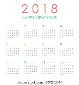 Simple calendar Layout for 2018 years. Week starts from Sunday.